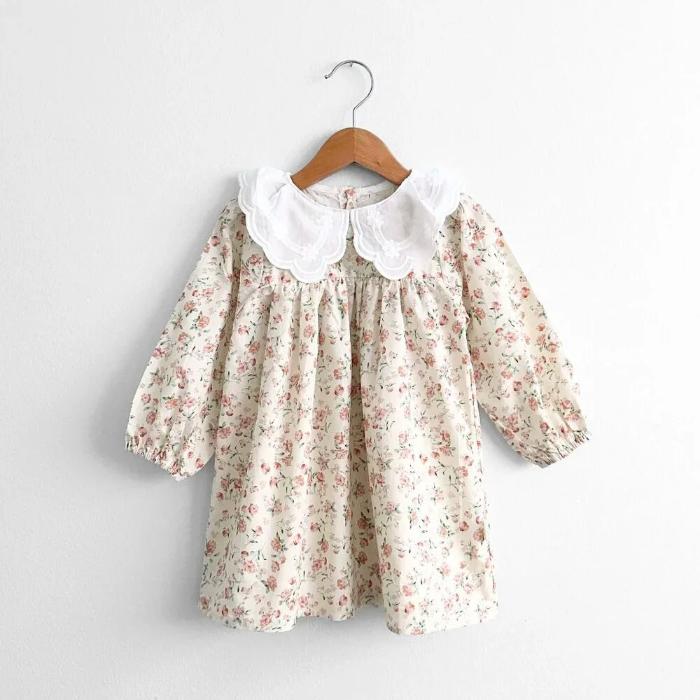 NWT Pretty Girls Embroidered Bib Collar Long Sleeve Dress & Headband Cream 3T